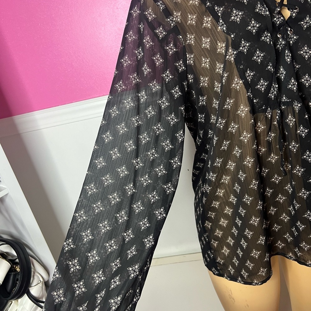 Black Sheer Blouse with White Pattern - Picture 5 of 6